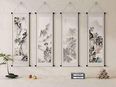 Four Traditional Chinese Landscape Scroll Paintings Hanging on Wall with Small Plant Fruits and Decorations 3d model