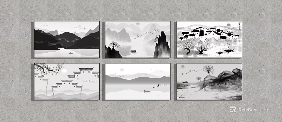 Ink Wash Landscape Paintings With Mountains Water Boats And Traditional Houses 3d model 