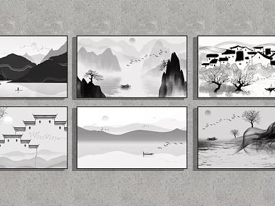 Ink Wash Landscape Paintings With Mountains Water Boats And Traditional Houses 3d model