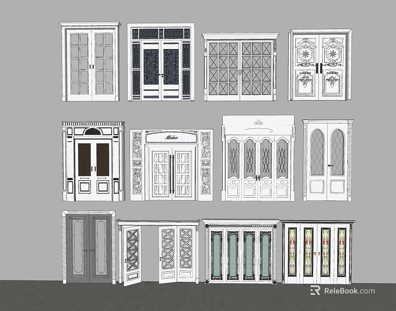 Various Double Doors Designs With Glass Panels And Decorative Frame Styles 3d model