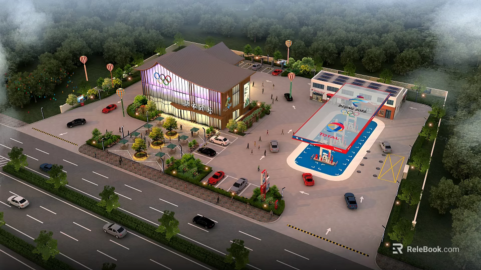 Traditional Chinese Style Post Station Exterior With Parking Lot Greenery And Vehicles 3d model 