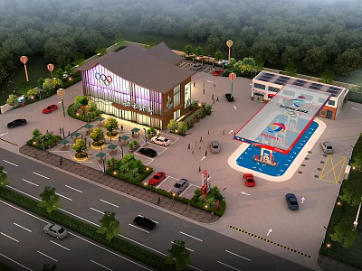 Traditional Chinese Style Post Station Exterior With Parking Lot Greenery And Vehicles 3d model