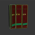 Three Red Objects With Yellow Trim Green Labels And Colorful Panels On Shiny Surface