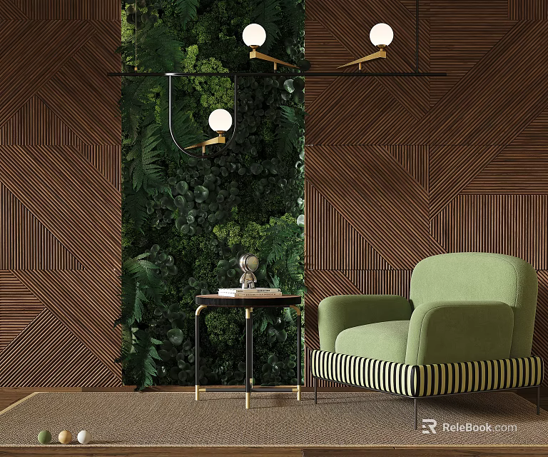 Stylish Green Armchair in Modern Interior with Wooden Wall Panel Greenery and Side Table Decor 3d model 