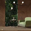 Stylish Green Armchair in Modern Interior with Wooden Wall Panel Greenery and Side Table Decor