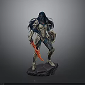 Warrior Woman Statue With Blue Hair Armor Red Sword And Rock Base