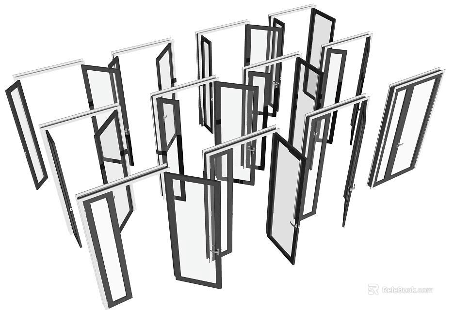 Modern Metal Frames With Glass Panels In Multiple Open Designs For Structures 3d model