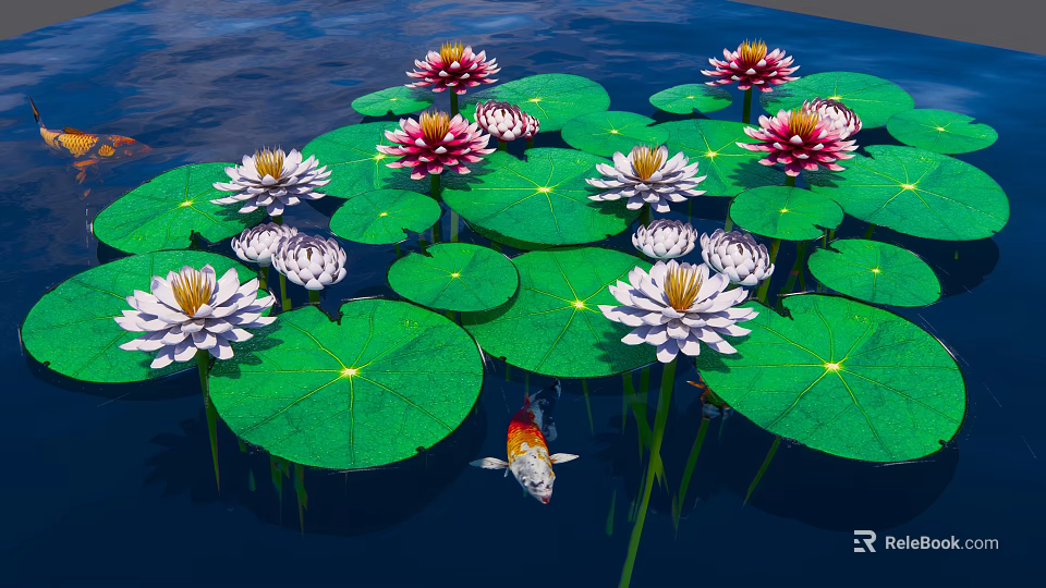 Vibrant Water Lilies And Green Lily Pads With Koi Fish In Pond 3d model 