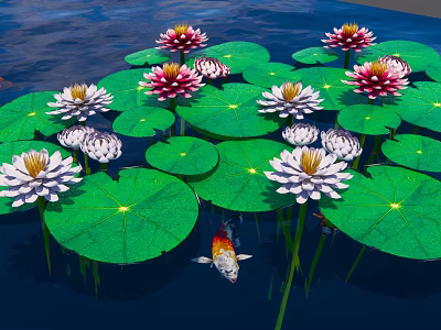 Vibrant Water Lilies And Green Lily Pads With Koi Fish In Pond 3d model