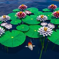Vibrant Water Lilies And Green Lily Pads With Koi Fish In Pond