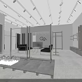 Modern Clothing Store Interior With Metal Display Racks And White Shelving Units