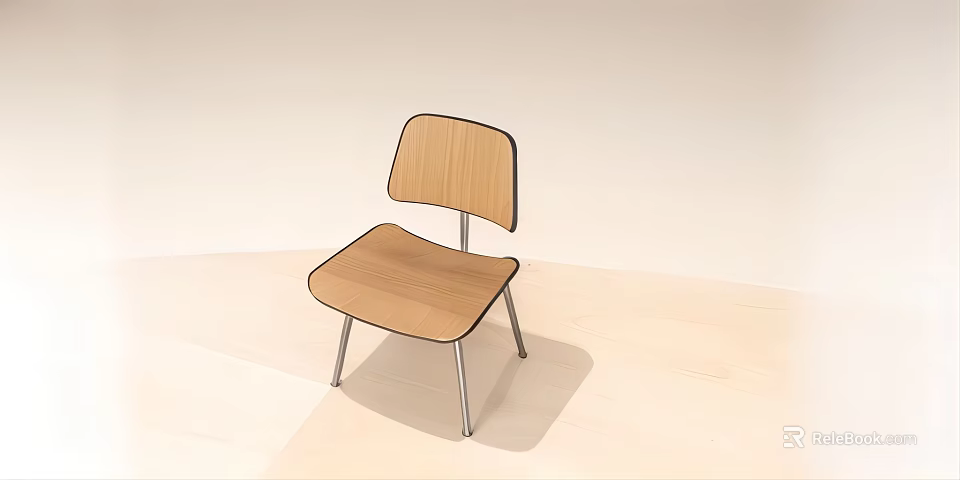 Modern Leisure Chair with Wooden Seat Backrest and Metal Legs in Light Colored Minimalist Setting 3d model 