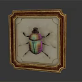 Metallic Beetle With Iridescent Green And Purple Shell In Gold Framed Display On Light Background