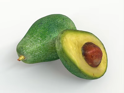 Two Fresh Green Avocados One Whole and One Halved with Brown Pit 3d model