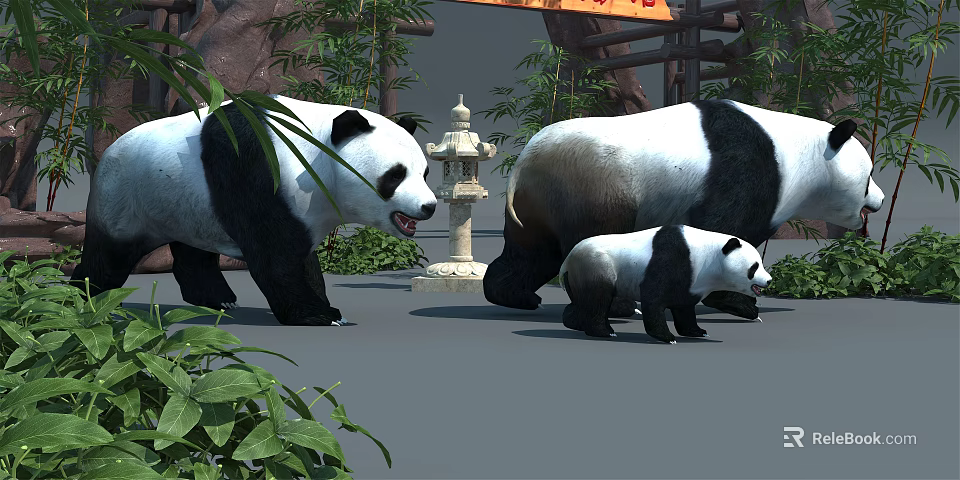 Giant Panda Family With Adult And Baby Pandas Near Bamboo Plants And Stone Lantern 3d model