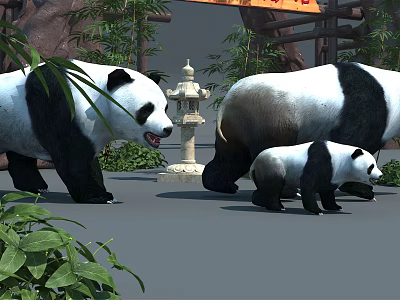 Giant Panda Family With Adult And Baby Pandas Near Bamboo Plants And Stone Lantern 3d model