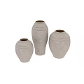 Three Gray Ceramic Vases with Floral Patterns and Textured Designs in Various Sizes