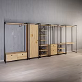 Modern Display Cabinet With Wooden Metal Frame Drawers Shelves Gray Wall Wooden Floor