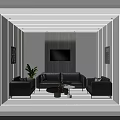 Modern Lounge Area Interior With Black Sofas Coffee Table TV Plant And Decorative Paintings