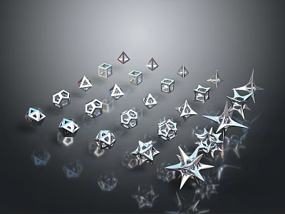 Shiny Metallic Geometric Decorative Ornaments With Polygonal And Star Shapes On Dark Background 3d model