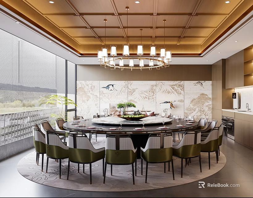 Modern Private Dining Room Interior With Round Table Green Chairs And Chandelier 3d model 