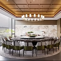 Modern Private Dining Room Interior With Round Table Green Chairs And Chandelier