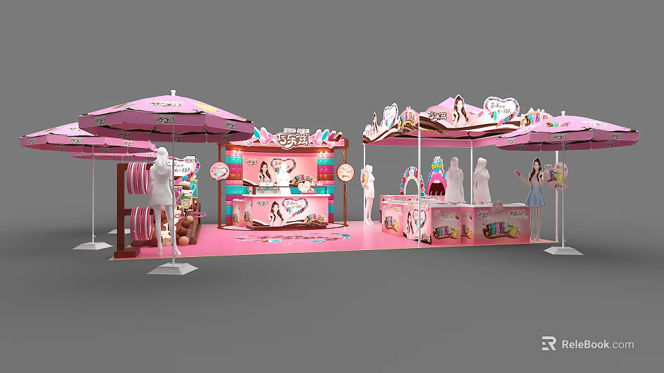 Pink Exhibition Booth Decorative Setup With Umbrellas Mannequins And Product Displays 3d model 