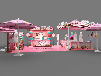 Pink Exhibition Booth Decorative Setup With Umbrellas Mannequins And Product Displays 3d model