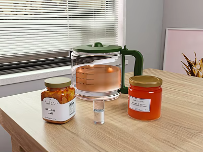 Canned Foods And Glass Kettle On Wooden Table 3d model