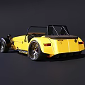 Yellow Vintage Convertible Roadster With Blue Seats Black Stripes And Black Wheels