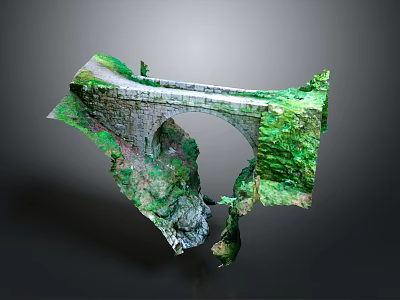 3D Model of Stone Arch Bridge Structure With Green Vegetation and Rocky Details 3d model