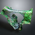 3D Model of Stone Arch Bridge Structure With Green Vegetation and Rocky Details