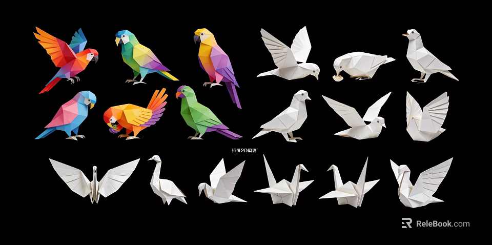 Colorful And White Origami Bird Wall Hangings With Parrots Doves And Cranes 3d model 