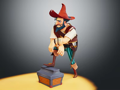 Bearded Pirate Character In Red Pointed Hat Standing On Wooden Chest With Striped Pants 3d model