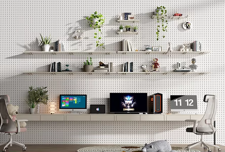 Modern Desk and Chair Bookshelf Desk and Chair Bookcase Bookshelf Storage Rack Potted Computer Office Chair 3d model