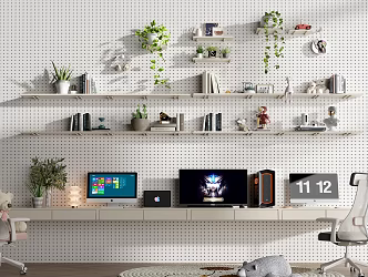Modern Desk and Chair Bookshelf Desk and Chair Bookcase Bookshelf Storage Rack Potted Computer Office Chair 3d model