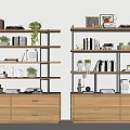 Modern Wooden Bookcase With Open Shelves And Drawers Featuring Books Potted Plants And Decorative Items