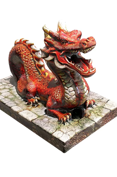 Detailed Ceramic Dragon Sculpture With Red Scales Open Mouth On Stone Base 3d model