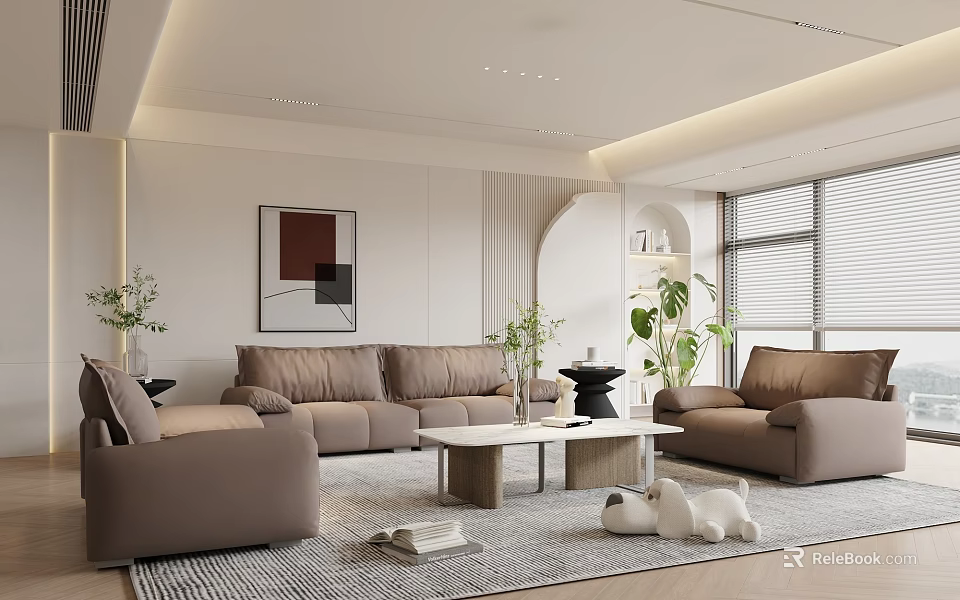 Modern Minimalist Living Room Interior With Brown Sofa Coffee Table Rug Plants And Decorative Painting 3d model 