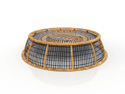 Circular Woven Rattan Furniture With Intricate Blue Brown Geometric Pattern Tray Design 3d model