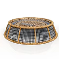 Circular Woven Rattan Furniture With Intricate Blue Brown Geometric Pattern Tray Design