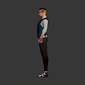 3D Male Character In Blue Vest White Shirt Red Gloves Brown Pants Standing With Glasses