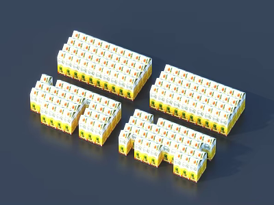 Numerous Beverage Packaging Boxes Neatly Arranged in White and Yellow Colors 3d model