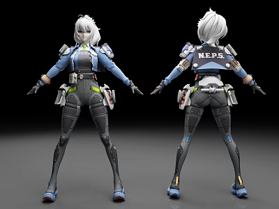 3D Mechanical Character Model with White Hair Blue Gray Outfit MEPS Back and Equipment Details 3d model