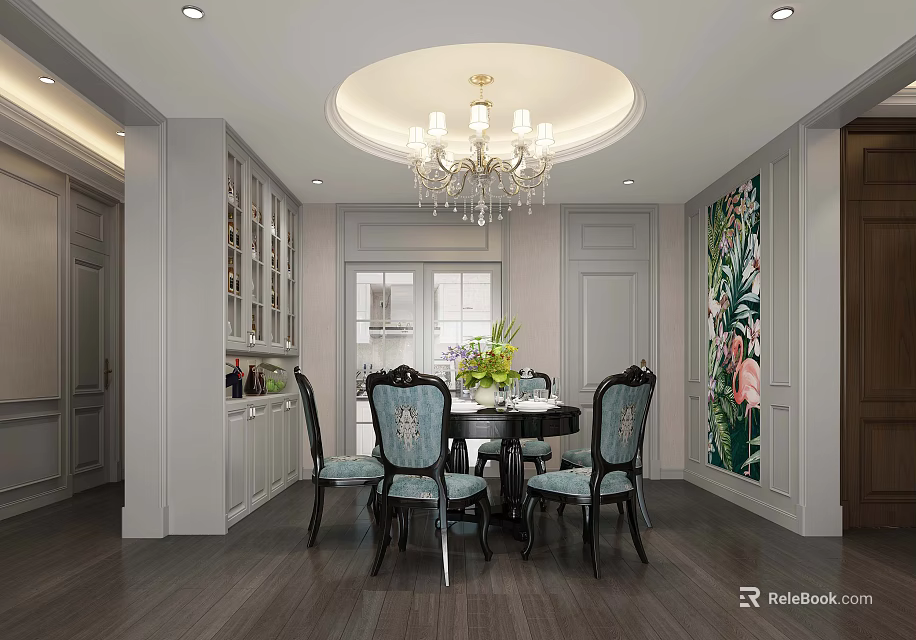 Elegant Dining Room Interior With Chandelier Dining Table Chairs And Floral Wall Art 3d model 