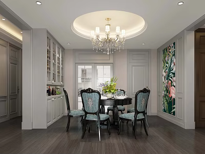 Elegant Dining Room Interior With Chandelier Dining Table Chairs And Floral Wall Art 3d model