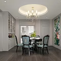 Elegant Dining Room Interior With Chandelier Dining Table Chairs And Floral Wall Art