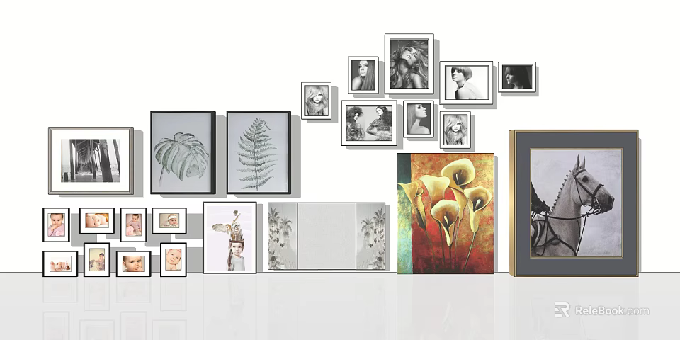 Various Styles Wall Art Collection Featuring Botanical Prints And Black White 3d model 