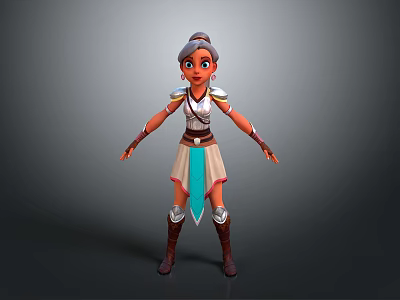 Fantasy Female Warrior Character In Silver Armor With Blue Beige Dress And Brown Boots 3d model