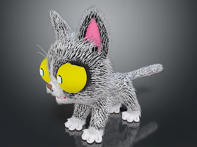 Cute Gray Fluffy Cat Toy With Yellow Eyes Pink Inner Ears And White Paws 3d model